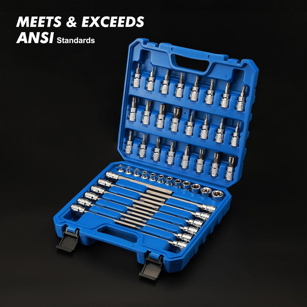 CASOMAN 48PCS 3/8"Drive Master Torx Bit Socket and External Torx Socket Set, Deep & Shallow, Torx/Extra Long Torx/Tamper Proof Torx/E-Torx, CR-V & S2 Steel