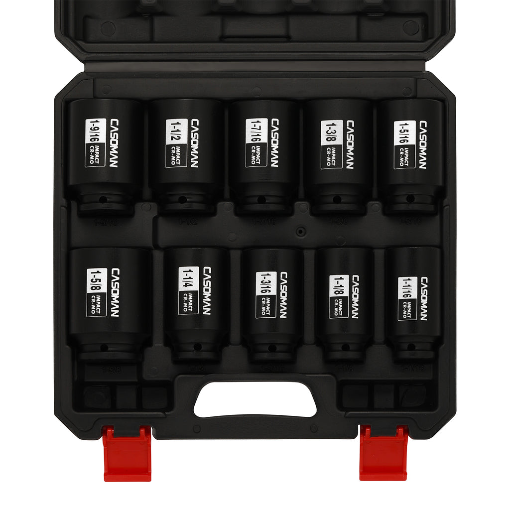 CASOMAN 10PCS 1/2" Drive Deep Spindle Axle Nut Impact Socket Set, 6-Point, Large Socket Set, SAE (1-1/16" to 1-5/8"), CR-MO