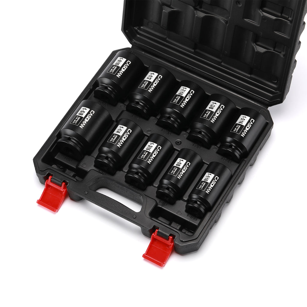 CASOMAN 10PCS 1/2" Drive Deep Spindle Axle Nut Impact Socket Set, 6-Point, Large Socket Set, SAE (1-1/16" to 1-5/8"), CR-MO
