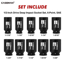 Load image into Gallery viewer, CASOMAN 10PCS 1/2" Drive Deep Spindle Axle Nut Impact Socket Set, 6-Point, Large Socket Set, SAE (1-1/16" to 1-5/8"), CR-MO