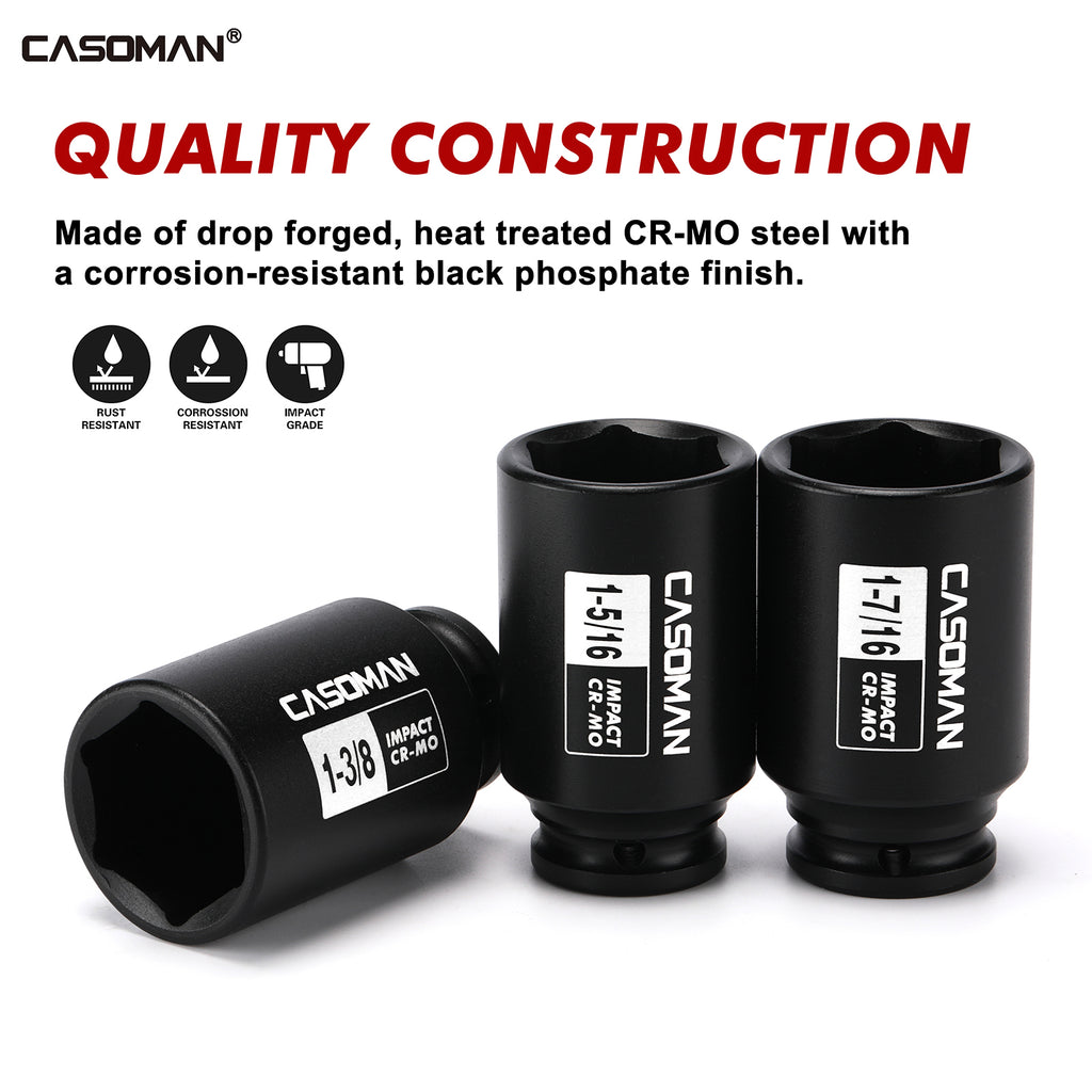 CASOMAN 10PCS 1/2" Drive Deep Spindle Axle Nut Impact Socket Set, 6-Point, Large Socket Set, SAE (1-1/16" to 1-5/8"), CR-MO