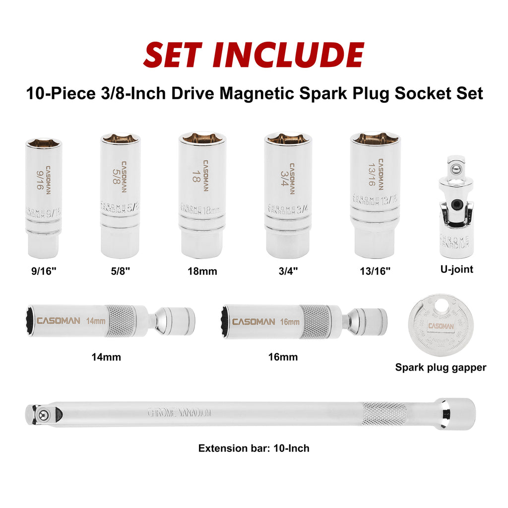 CASOMAN 10PCS 3/8"Drive Magnetic Spark Plug Socket Set, 6PT&12PT, Include Extension Bar, Unviersal Joint & Spark Plug Gapper, CR-V Steel