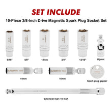 Load image into Gallery viewer, CASOMAN 10PCS 3/8"Drive Magnetic Spark Plug Socket Set, 6PT&amp;12PT, Include Extension Bar, Unviersal Joint &amp; Spark Plug Gapper, CR-V Steel