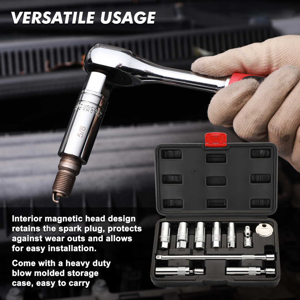 CASOMAN 10PCS 3/8"Drive Magnetic Spark Plug Socket Set, 6PT&12PT, Include Extension Bar, Unviersal Joint & Spark Plug Gapper, CR-V Steel