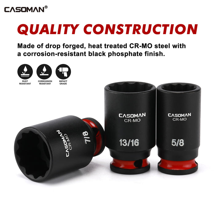 CASOMAN 12-Pieces 3/8" Drive Mid-Length Impact Socket Set, 12-Point, SAE, 5/16-Inch to 1-Inch, CR-MO Steel, with Storage Case