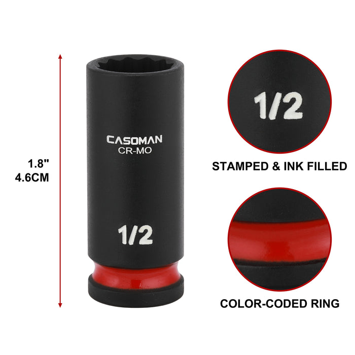 CASOMAN 12-Pieces 3/8" Drive Mid-Length Impact Socket Set, 12-Point, SAE, 5/16-Inch to 1-Inch, CR-MO Steel, with Storage Case