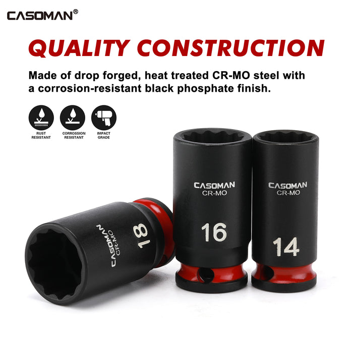CASOMAN 13-Pieces 3/8" Drive Mid-Length Impact Socket Set, 12-Point, Metric, 7mm - 19mm, CR-MO Steel, with Storage Case