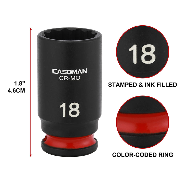 CASOMAN 13-Pieces 3/8" Drive Mid-Length Impact Socket Set, 12-Point, Metric, 7mm - 19mm, CR-MO Steel, with Storage Case