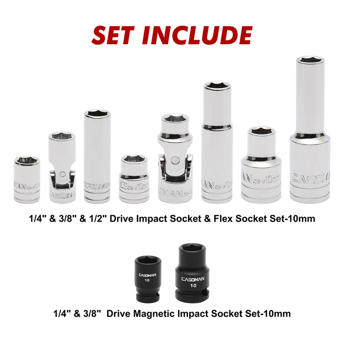CASOMAN 10-Pieces Impact Socket & Flex Socket Set - 10mm, 1/4" & 3/8" & 1/2" Drive, 6-Point, Magnetic Impact Sockets, with Storage Rail
