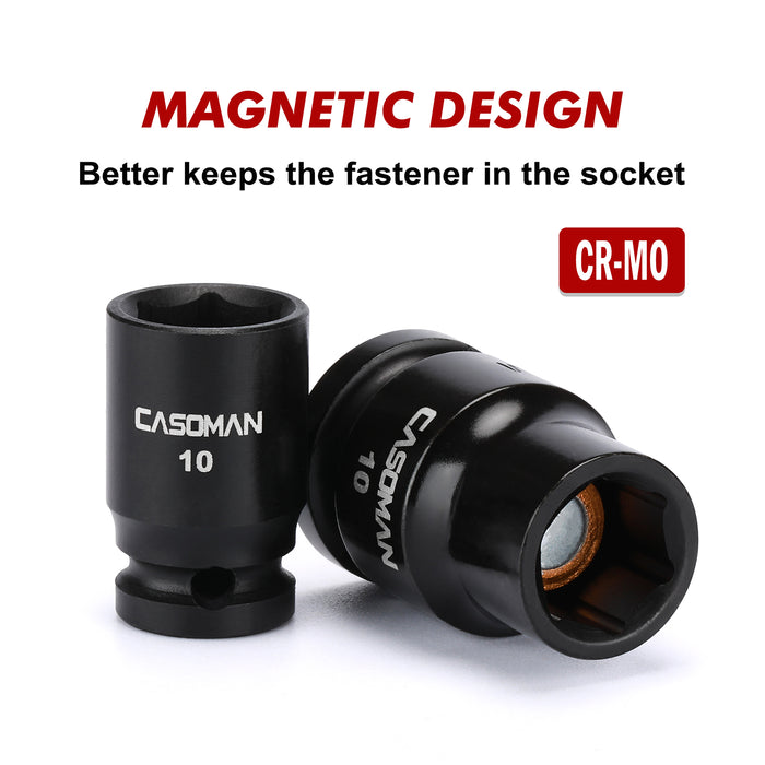 CASOMAN 10-Pieces Impact Socket & Flex Socket Set - 10mm, 1/4" & 3/8" & 1/2" Drive, 6-Point, Magnetic Impact Sockets, with Storage Rail