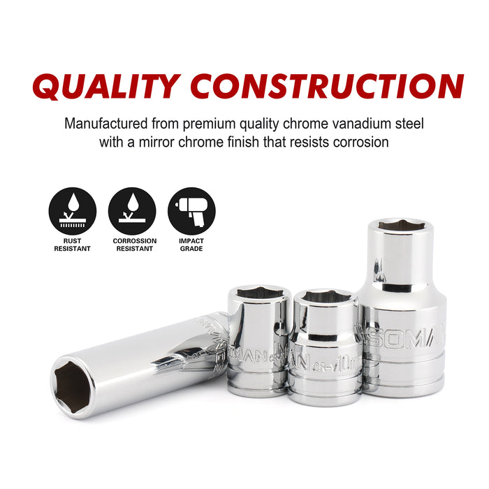 CASOMAN 10-Pieces Impact Socket & Flex Socket Set - 10mm, 1/4" & 3/8" & 1/2" Drive, 6-Point, Magnetic Impact Sockets, with Storage Rail