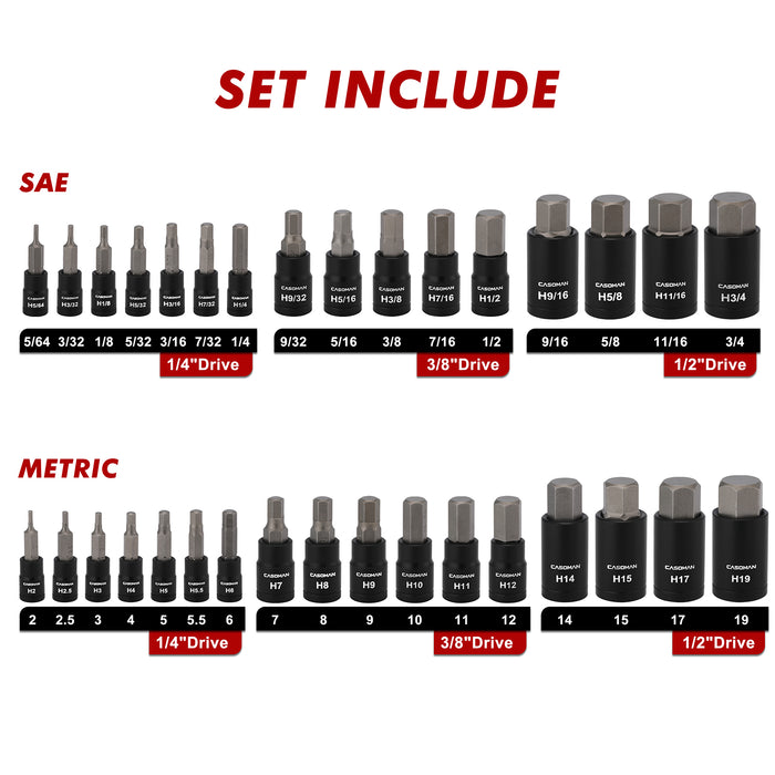 CASOMAN 71-Piece Master Hex & Torx Bit Socket Set, 1/4" & 3/8" & 1/2" Drive, Metric/SAE Hex Bit Sockets, Star Bit Sockets (T6 - T70), E-Torx Sockets (E4 - E24), with Storage Case