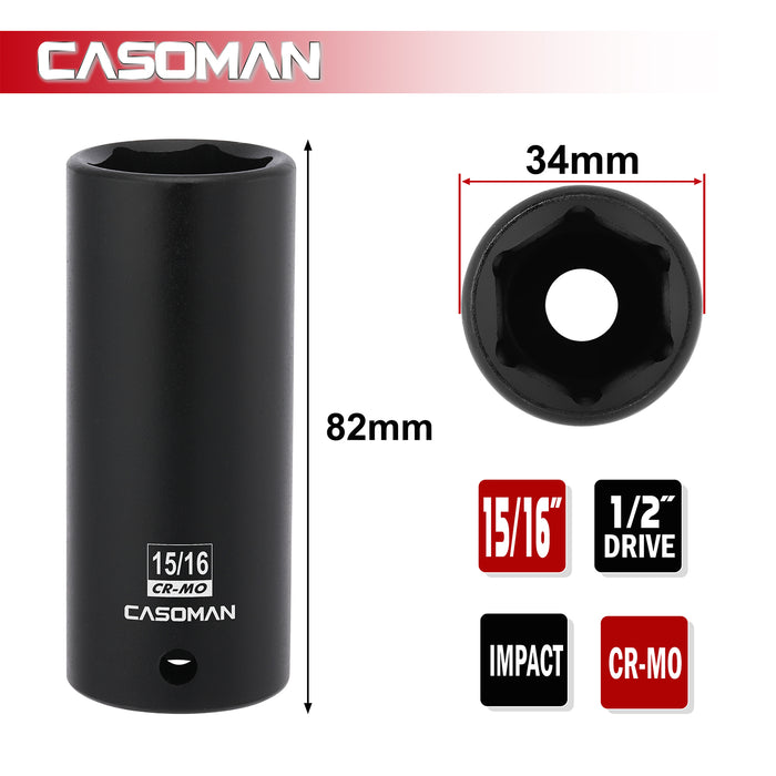 CASOMAN 1/2" Drive x 15/16" Deep Impact Socket, 6-Point, SAE, CR-MO
