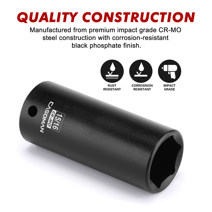 CASOMAN 1/2" Drive x 15/16" Deep Impact Socket, 6-Point, SAE, CR-MO