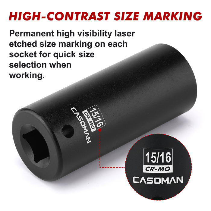 CASOMAN 1/2" Drive x 15/16" Deep Impact Socket, 6-Point, SAE, CR-MO