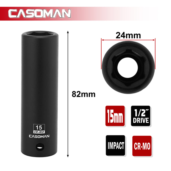 CASOMAN 1/2" Drive x 15mm Deep Impact Socket, 6-Point, Metric, CR-MO