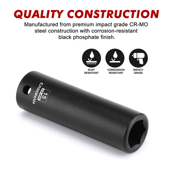 CASOMAN 1/2" Drive x 15mm Deep Impact Socket, 6-Point, Metric, CR-MO