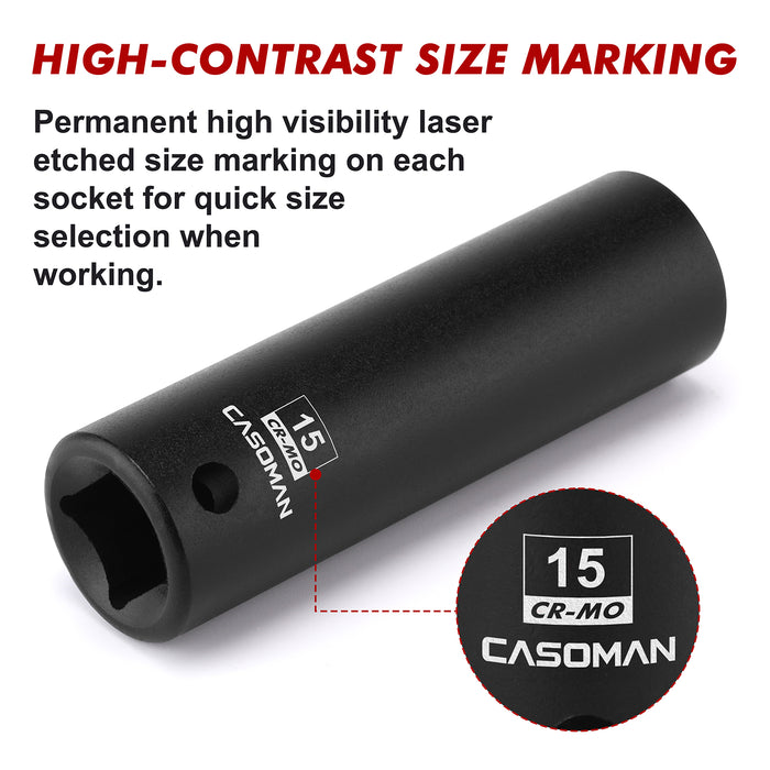 CASOMAN 1/2" Drive x 15mm Deep Impact Socket, 6-Point, Metric, CR-MO