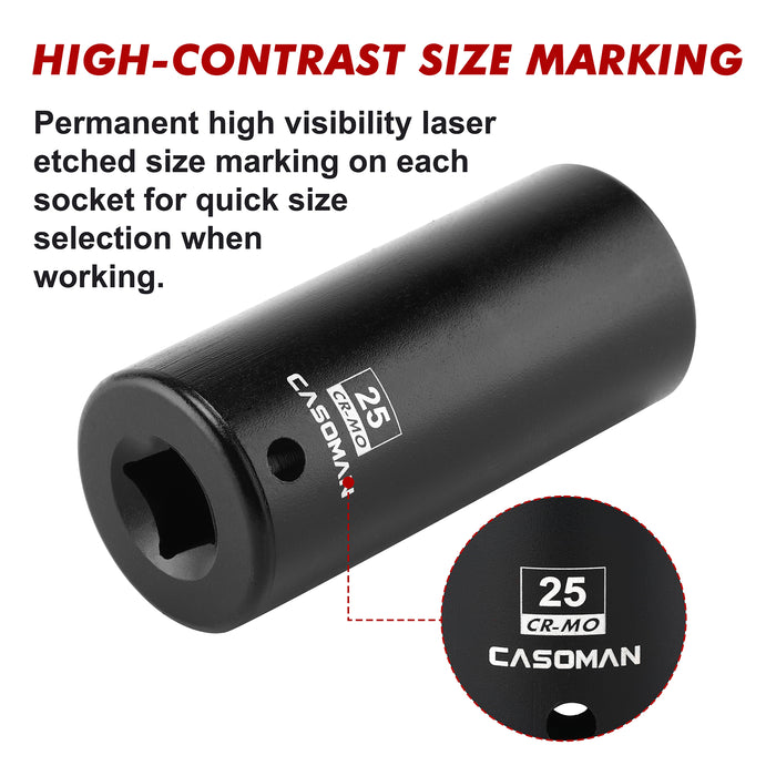 CASOMAN 1/2" Drive x 25mm Deep Impact Socket, 6-Point, Metric, CR-MO