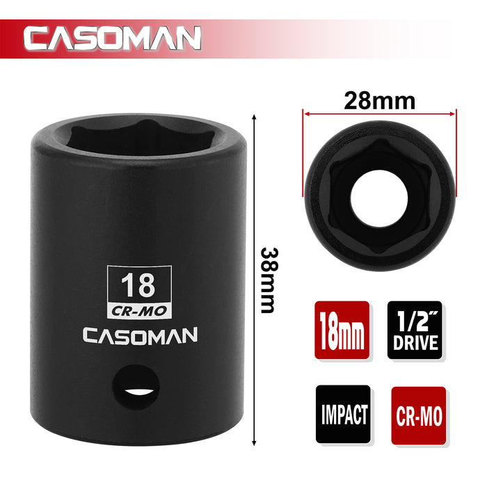 CASOMAN 1/2" Drive x 18mm Impact Socket, 6-Point, Metric, CR-MO
