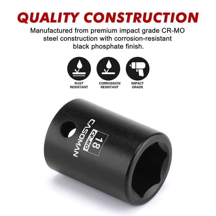 CASOMAN 1/2" Drive x 18mm Impact Socket, 6-Point, Metric, CR-MO