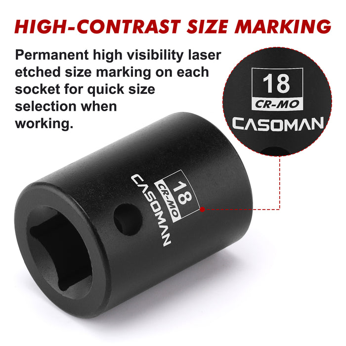 CASOMAN 1/2" Drive x 18mm Impact Socket, 6-Point, Metric, CR-MO