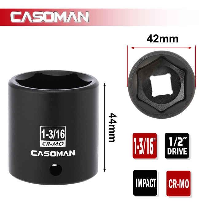 CASOMAN 1/2" Drive x 1-3/16" Impact Socket, 6-Point, SAE, CR-MO