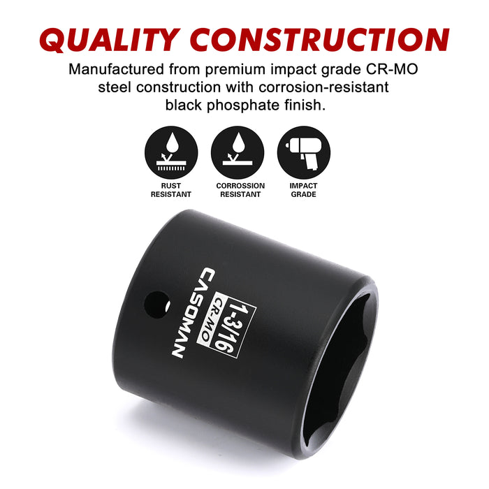 CASOMAN 1/2" Drive x 1-3/16" Impact Socket, 6-Point, SAE, CR-MO