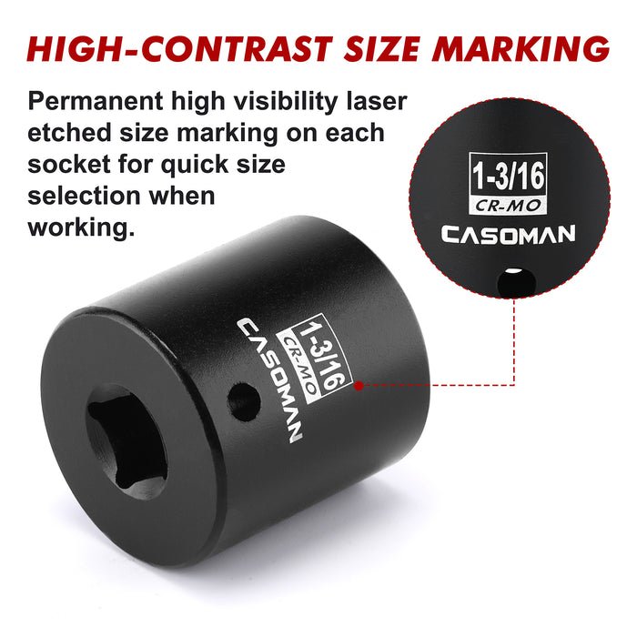 CASOMAN 1/2" Drive x 1-3/16" Impact Socket, 6-Point, SAE, CR-MO