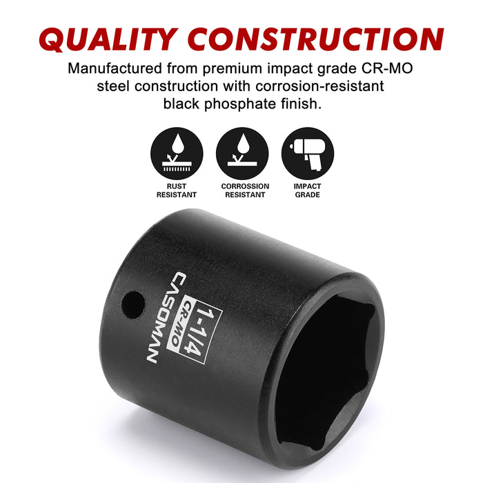 CASOMAN 1/2" Drive x 1-1/4" Impact Socket, 6-Point, SAE, CR-MO
