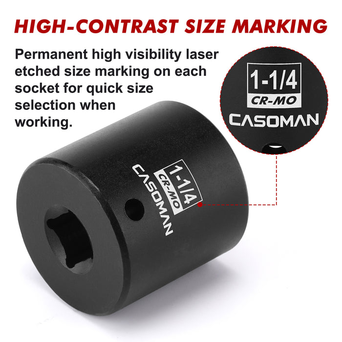 CASOMAN 1/2" Drive x 1-1/4" Impact Socket, 6-Point, SAE, CR-MO