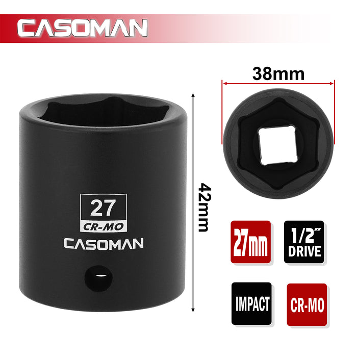 CASOMAN 1/2" Drive x 27mm Impact Socket, 6-Point, Metric, CR-MO Steel