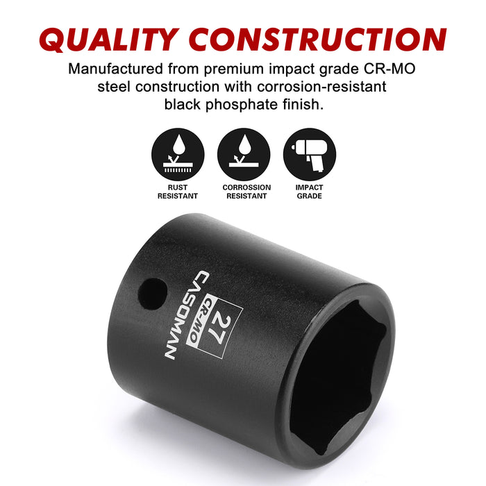 CASOMAN 1/2" Drive x 27mm Impact Socket, 6-Point, Metric, CR-MO Steel