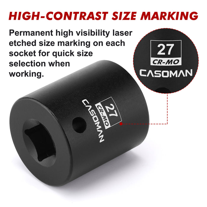 CASOMAN 1/2" Drive x 27mm Impact Socket, 6-Point, Metric, CR-MO Steel