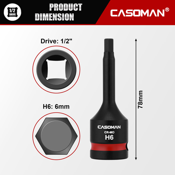CASOMAN 1/2" Drive 6mm Impact Hex Bit Socket, One-Piece H6 Allen Socket with Red Color-Code Ring, 78mm Length, CR-MO