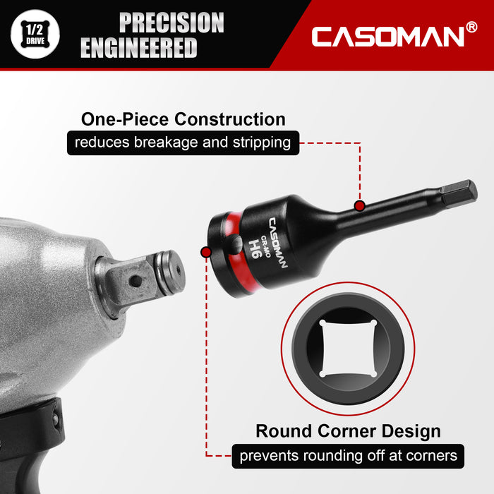CASOMAN 1/2" Drive 6mm Impact Hex Bit Socket, One-Piece H6 Allen Socket with Red Color-Code Ring, 78mm Length, CR-MO