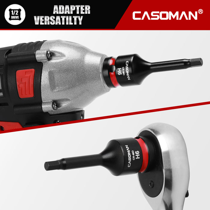 CASOMAN 1/2" Drive 6mm Impact Hex Bit Socket, One-Piece H6 Allen Socket with Red Color-Code Ring, 78mm Length, CR-MO