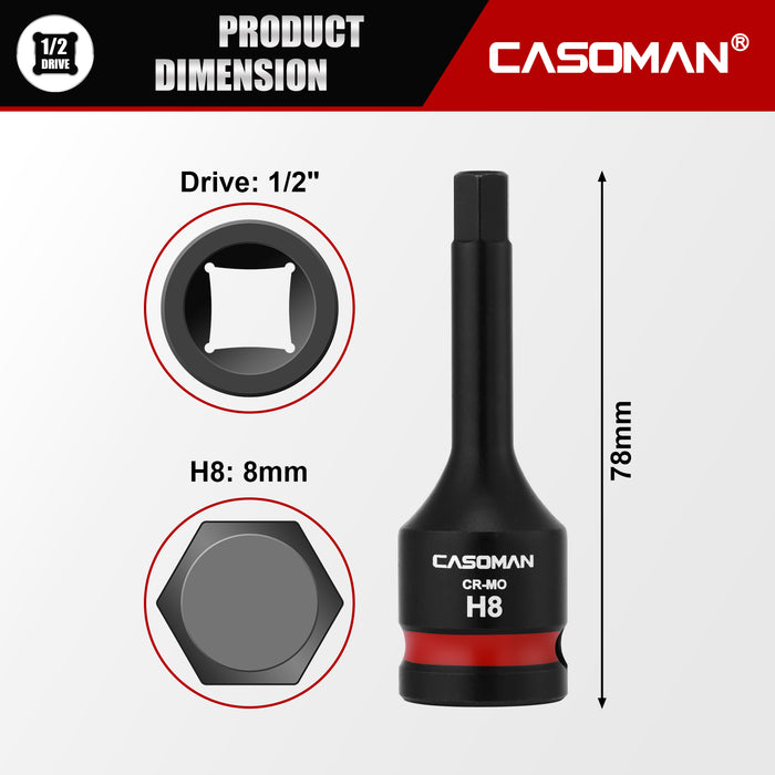 CASOMAN 1/2" Drive 8mm Impact Hex Bit Socket, One-Piece H8 Allen Socket with Red Color-Code Ring, 78mm Length, CR-MO