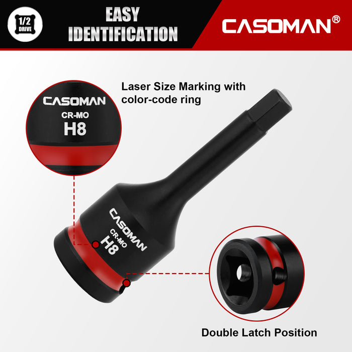 CASOMAN 1/2" Drive 8mm Impact Hex Bit Socket, One-Piece H8 Allen Socket with Red Color-Code Ring, 78mm Length, CR-MO