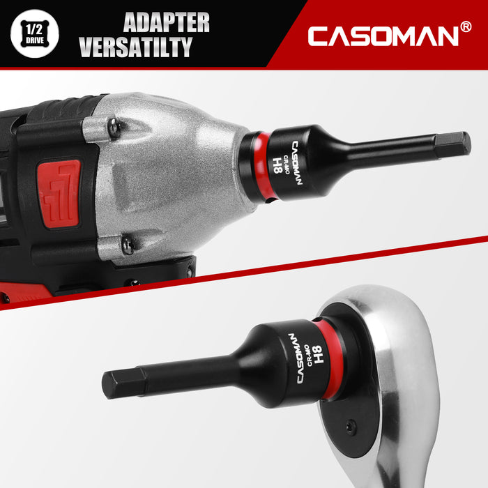 CASOMAN 1/2" Drive 8mm Impact Hex Bit Socket, One-Piece H8 Allen Socket with Red Color-Code Ring, 78mm Length, CR-MO