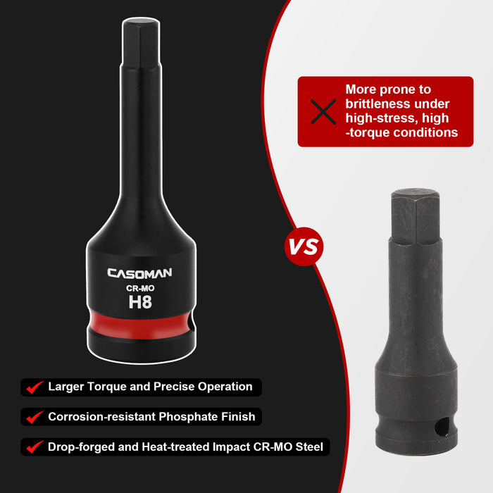 CASOMAN 1/2" Drive 8mm Impact Hex Bit Socket, One-Piece H8 Allen Socket with Red Color-Code Ring, 78mm Length, CR-MO