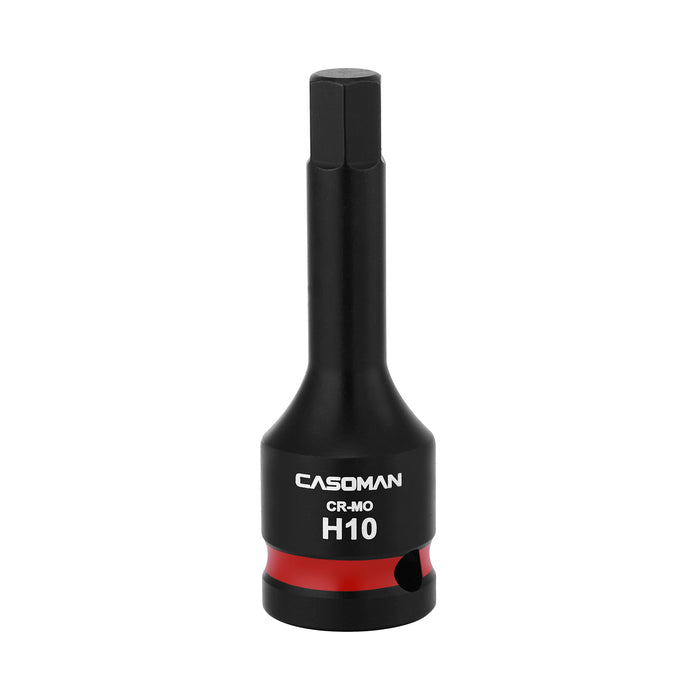 CASOMAN 1/2" Drive 10mm Impact Hex Bit Socket, One-Piece H10 Allen Socket with Red Color-Code Ring, 78mm Length, CR-MO