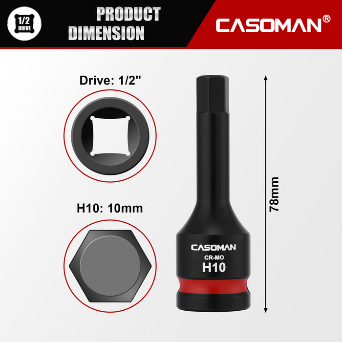 CASOMAN 1/2" Drive 10mm Impact Hex Bit Socket, One-Piece H10 Allen Socket with Red Color-Code Ring, 78mm Length, CR-MO