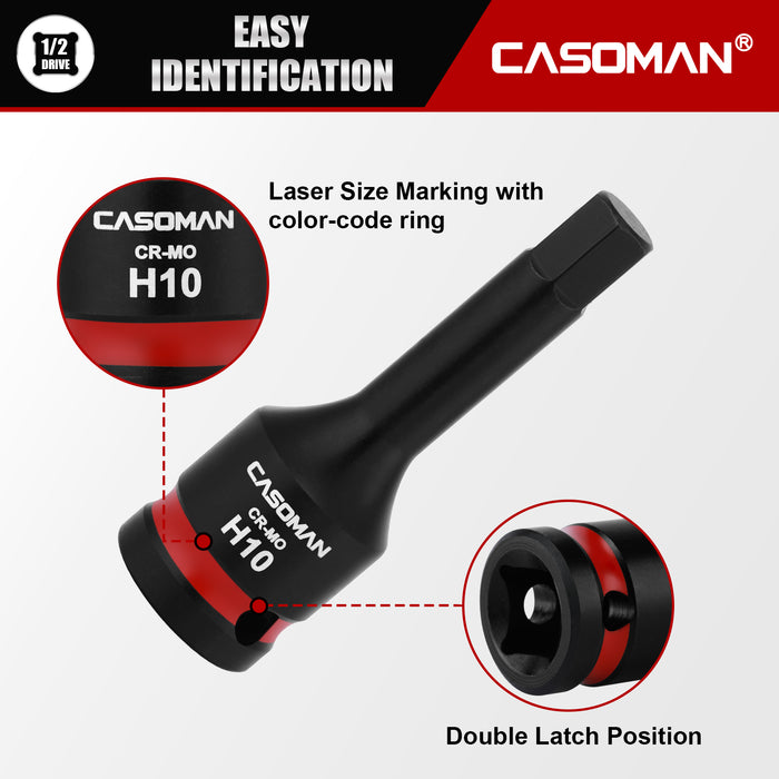 CASOMAN 1/2" Drive 10mm Impact Hex Bit Socket, One-Piece H10 Allen Socket with Red Color-Code Ring, 78mm Length, CR-MO