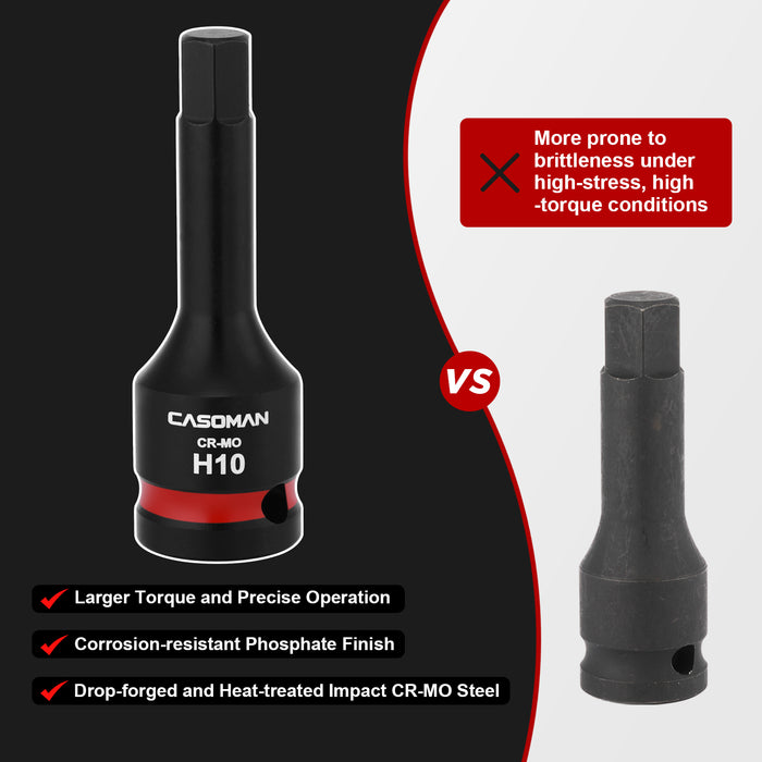 CASOMAN 1/2" Drive 10mm Impact Hex Bit Socket, One-Piece H10 Allen Socket with Red Color-Code Ring, 78mm Length, CR-MO