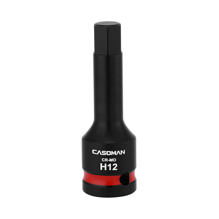 CASOMAN 1/2" Drive 12mm Impact Hex Bit Socket, One-Piece H12 Allen Socket with Red Color-Code Ring, 78mm Length, CR-MO