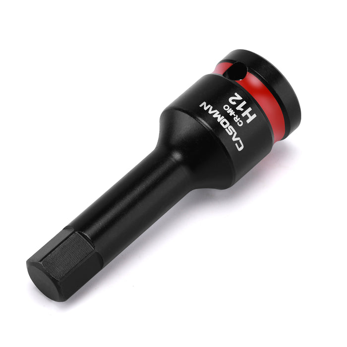 CASOMAN 1/2" Drive 12mm Impact Hex Bit Socket, One-Piece H12 Allen Socket with Red Color-Code Ring, 78mm Length, CR-MO