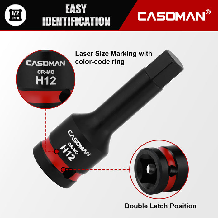 CASOMAN 1/2" Drive 12mm Impact Hex Bit Socket, One-Piece H12 Allen Socket with Red Color-Code Ring, 78mm Length, CR-MO