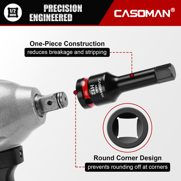 CASOMAN 1/2" Drive 12mm Impact Hex Bit Socket, One-Piece H12 Allen Socket with Red Color-Code Ring, 78mm Length, CR-MO