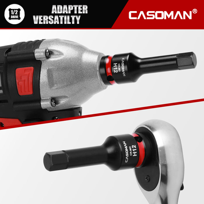 CASOMAN 1/2" Drive 12mm Impact Hex Bit Socket, One-Piece H12 Allen Socket with Red Color-Code Ring, 78mm Length, CR-MO